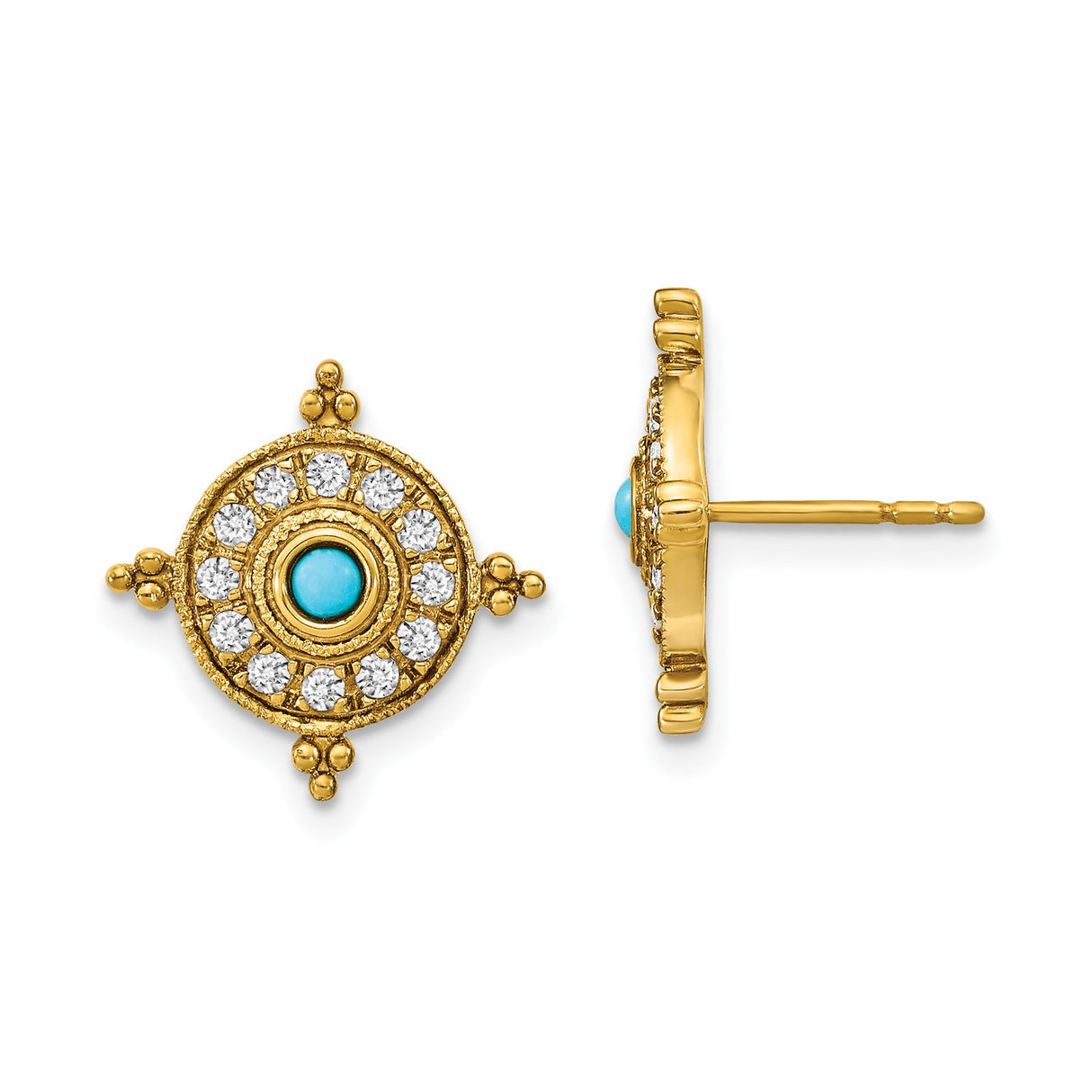 14k Yellow Gold Stud Earrings with Round Turquoise, White Topaz Halo, Evil Eye Mandala Design