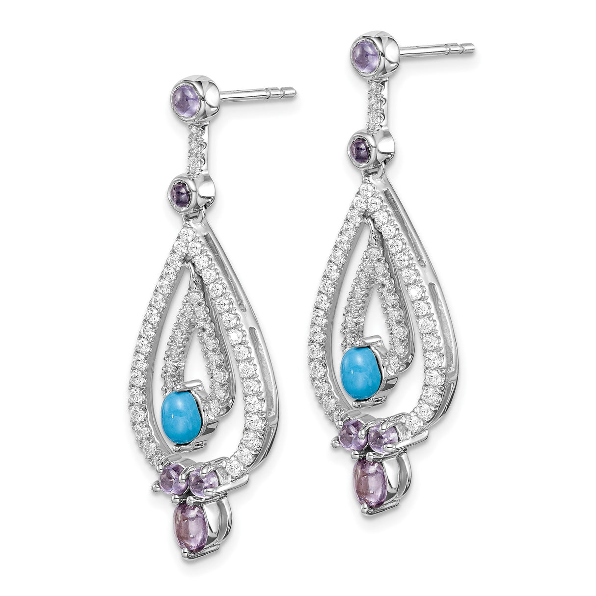 14k White Gold Teardrop Dangle Earrings with Turquoise, Amethyst, and White Topaz Accents