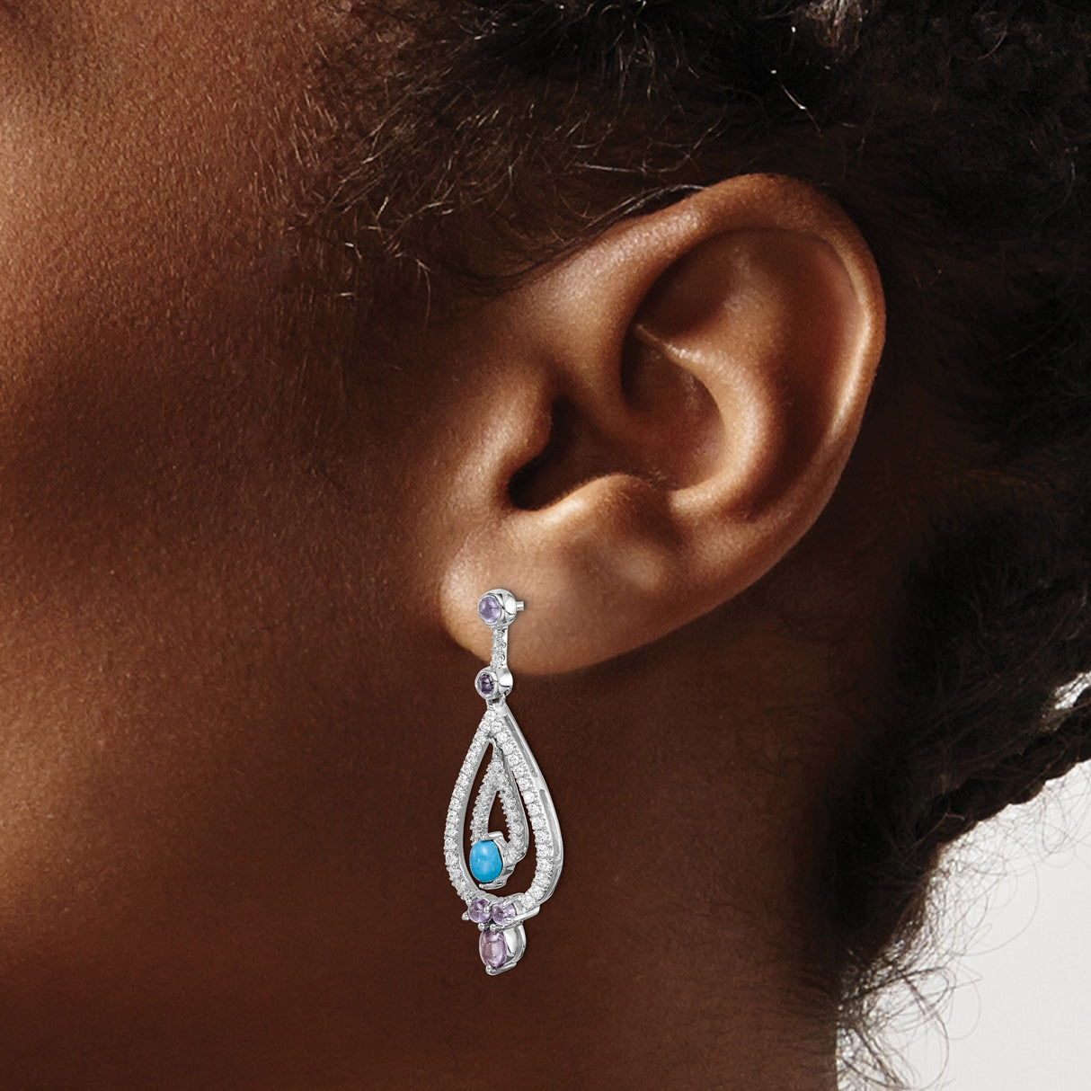 14k White Gold Teardrop Dangle Earrings with Turquoise, Amethyst, and White Topaz Accents