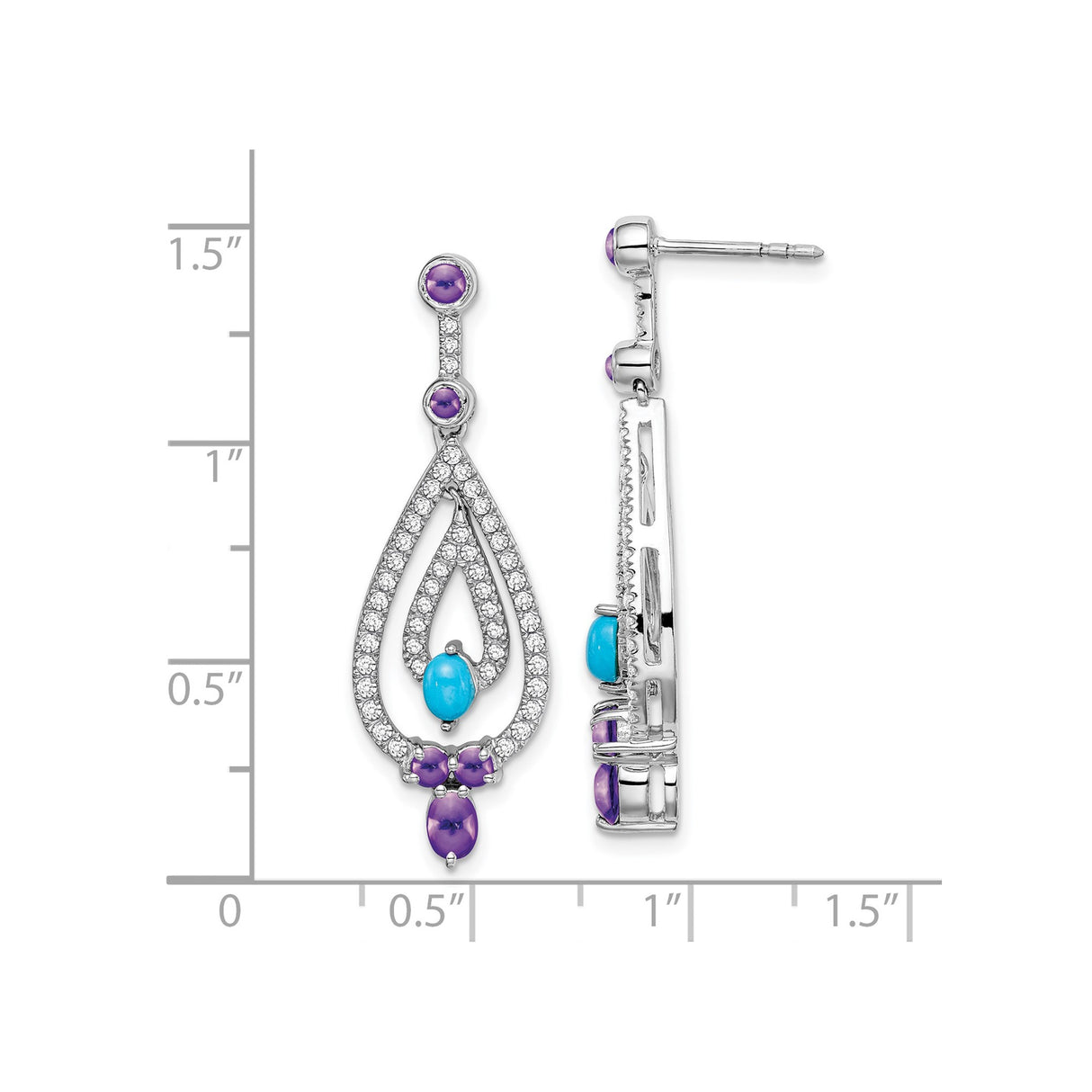 14k White Gold Teardrop Dangle Earrings with Turquoise, Amethyst, and White Topaz Accents