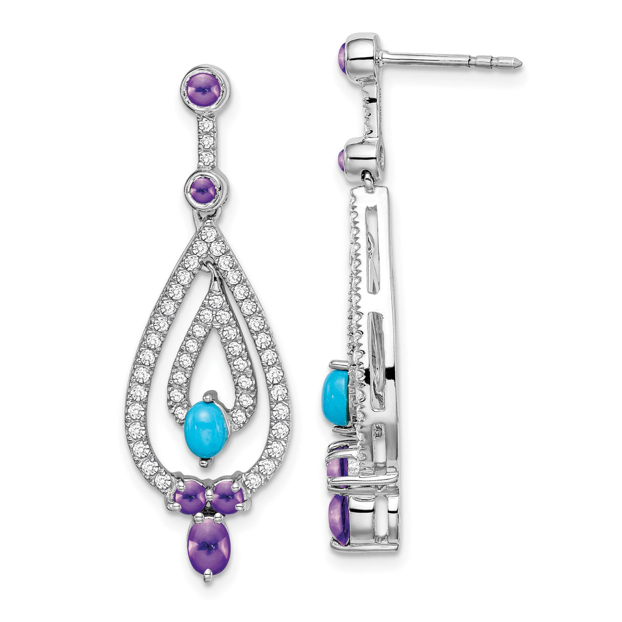 14k White Gold Teardrop Dangle Earrings with Turquoise, Amethyst, and White Topaz Accents