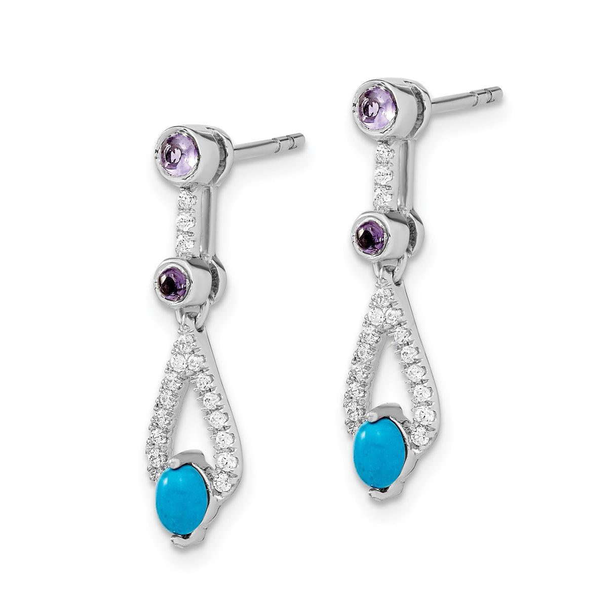 14k White Gold Dangle Earrings with Turquoise and Amethyst, Teardrop Design, Formal Style