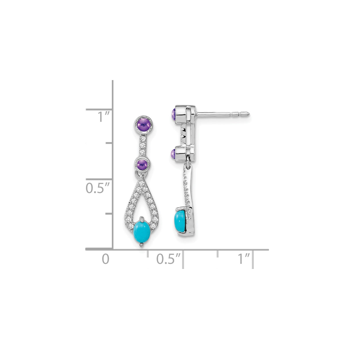 14k White Gold Dangle Earrings with Turquoise and Amethyst, Teardrop Design, Formal Style