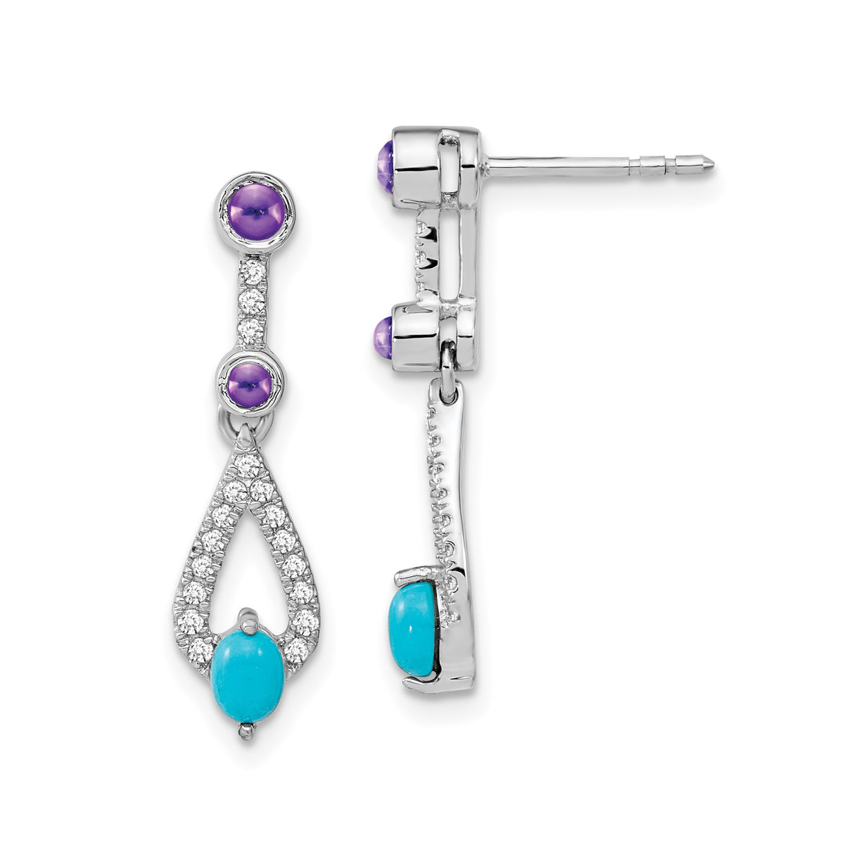 14k White Gold Dangle Earrings with Turquoise and Amethyst, Teardrop Design, Formal Style