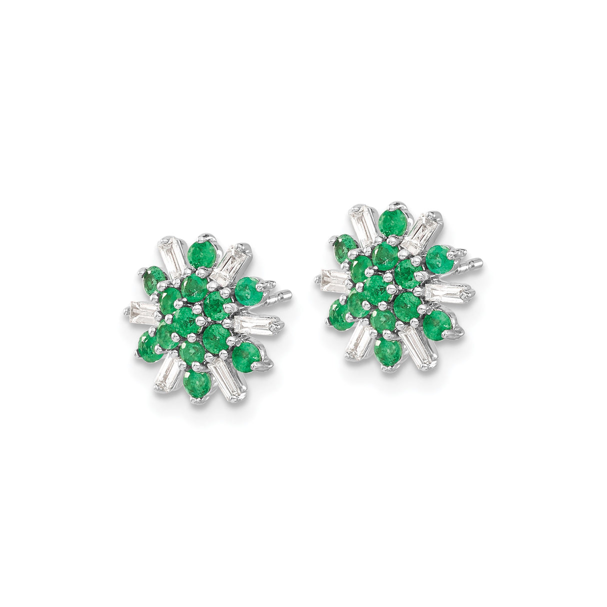 14k White Gold Stud Earrings with Emerald and Diamond, Floral Snowflake Design