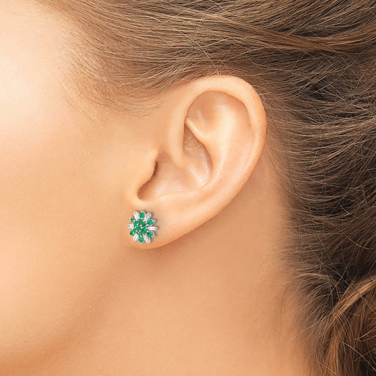 14k White Gold Stud Earrings with Emerald and Diamond, Floral Snowflake Design