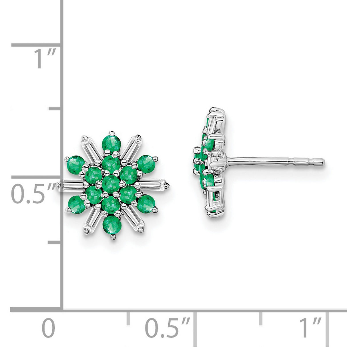 14k White Gold Stud Earrings with Emerald and Diamond, Floral Snowflake Design