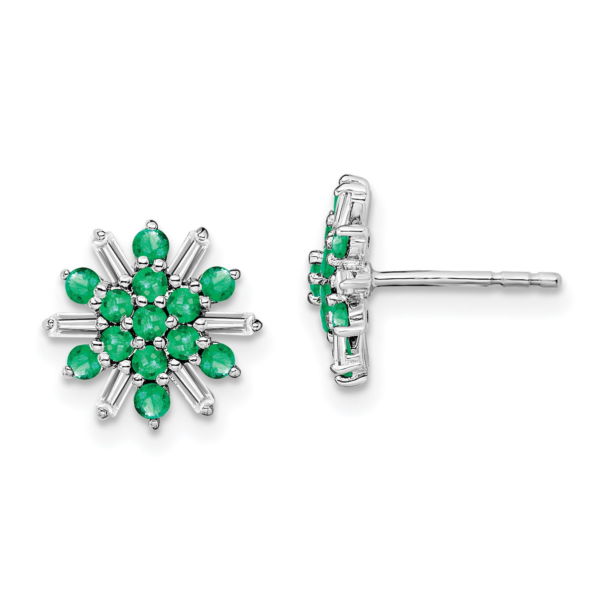 14k White Gold Stud Earrings with Emerald and Diamond, Floral Snowflake Design