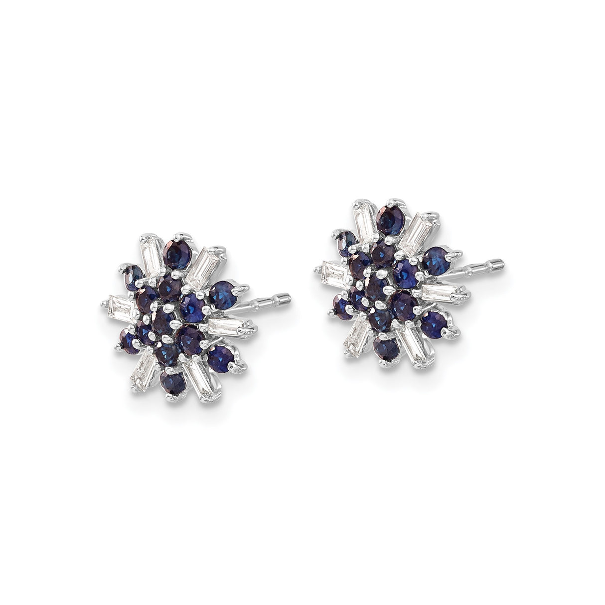 14k White Gold Snowflake Stud Earrings with Blue Sapphires and Diamonds, Winter Theme