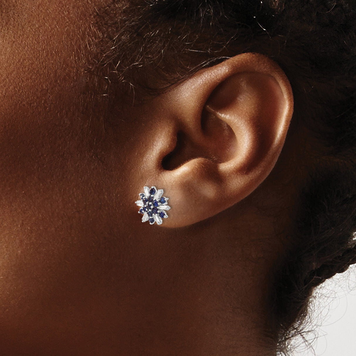 14k White Gold Snowflake Stud Earrings with Blue Sapphires and Diamonds, Winter Theme