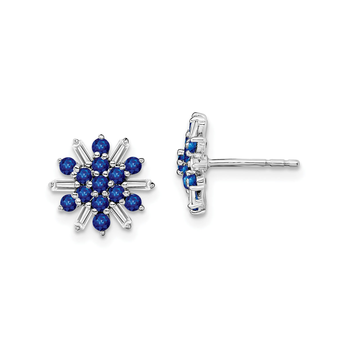 14k White Gold Snowflake Stud Earrings with Blue Sapphires and Diamonds, Winter Theme