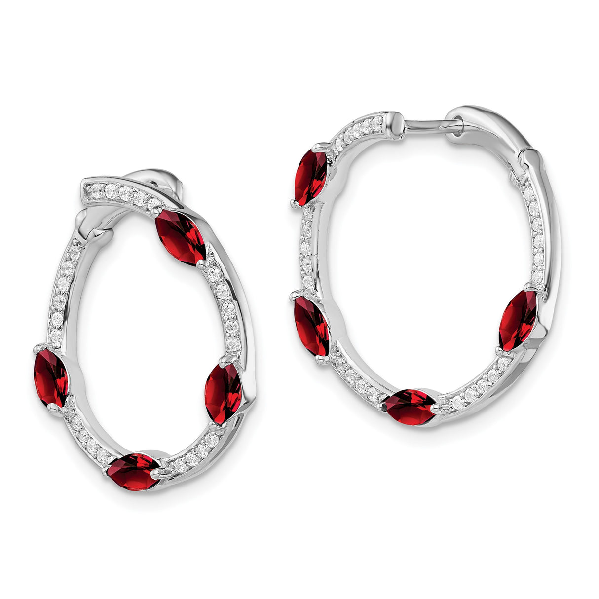 14k White Gold Hoop Earrings with Garnet and Diamond, Romantic Evening Style Jewelry for Women