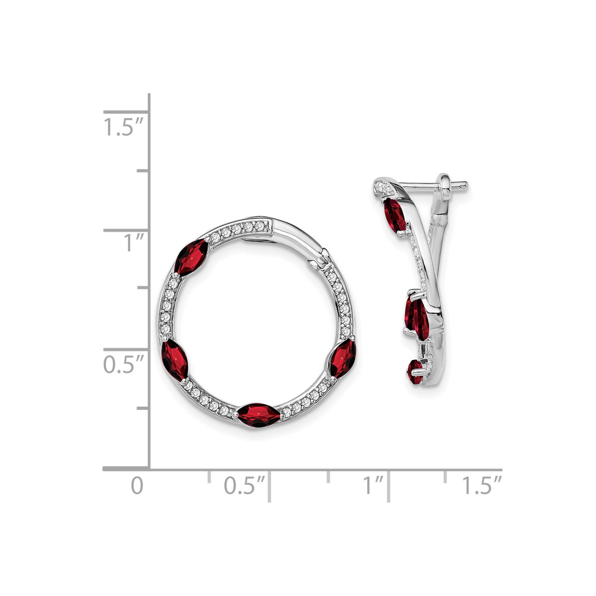 14k White Gold Hoop Earrings with Garnet and Diamond, Romantic Evening Style Jewelry for Women
