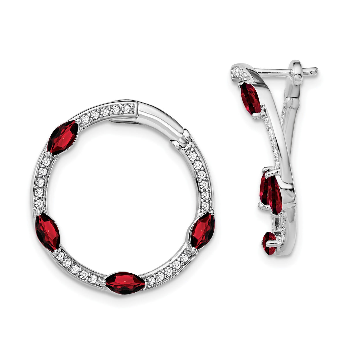 14k White Gold Hoop Earrings with Garnet and Diamond, Romantic Evening Style Jewelry for Women