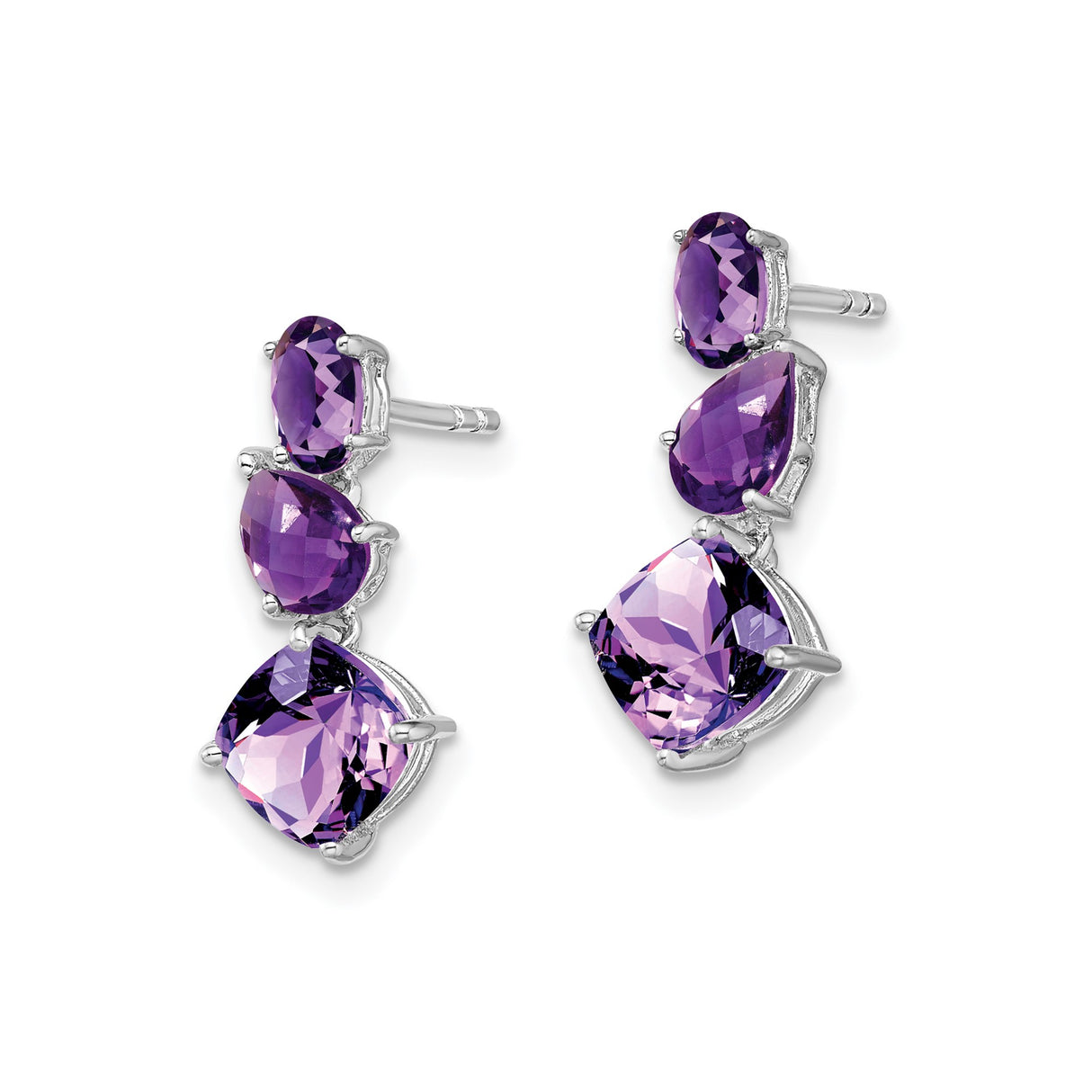 14k White Gold Dangle Earrings with Amethyst Oval Pear Cushion Gemstones, Drop Style