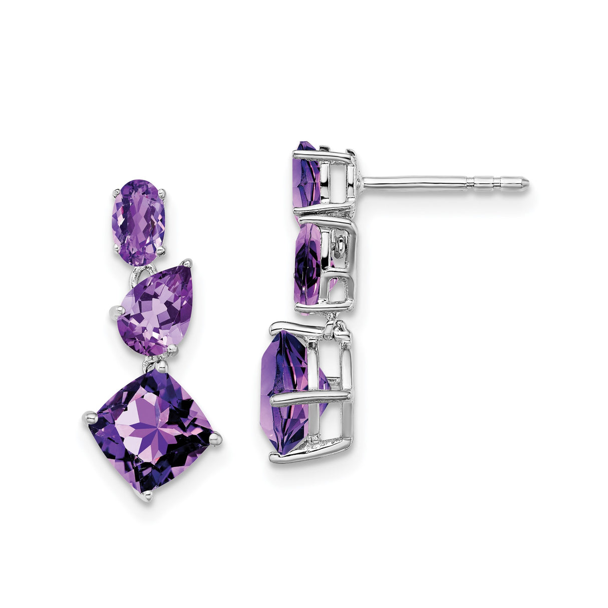 14k White Gold Dangle Earrings with Amethyst Oval Pear Cushion Gemstones, Drop Style