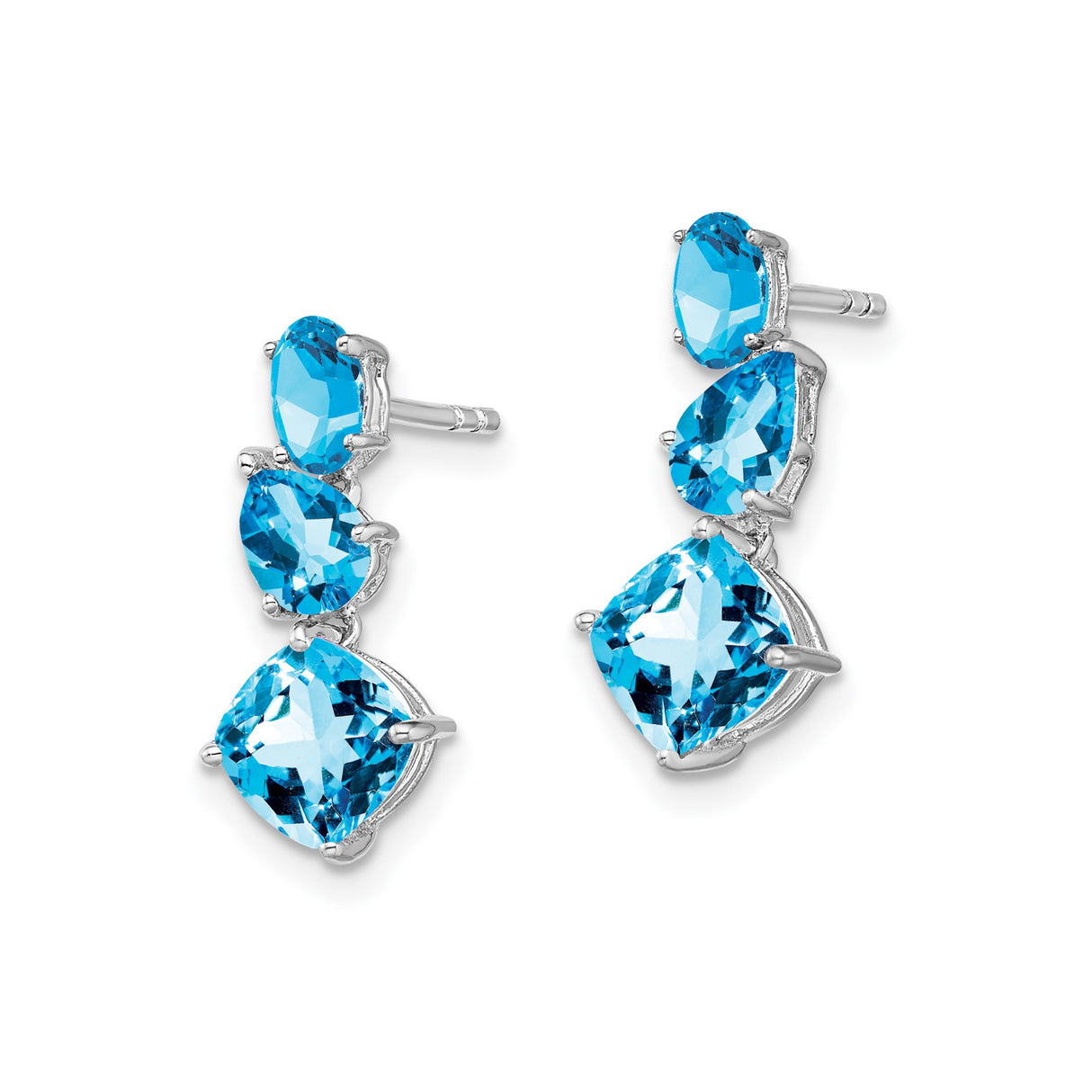 14k White Gold Dangle Earrings with Graduated Swiss Blue Topaz in Oval, Pear, and Cushion Cuts