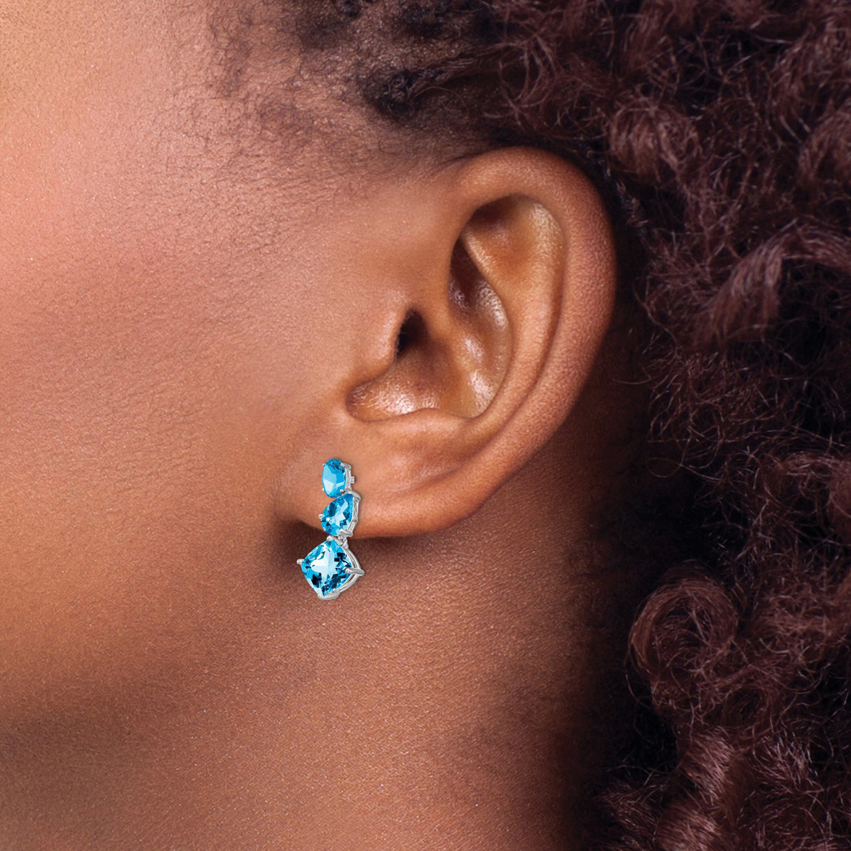 14k White Gold Dangle Earrings with Graduated Swiss Blue Topaz in Oval, Pear, and Cushion Cuts