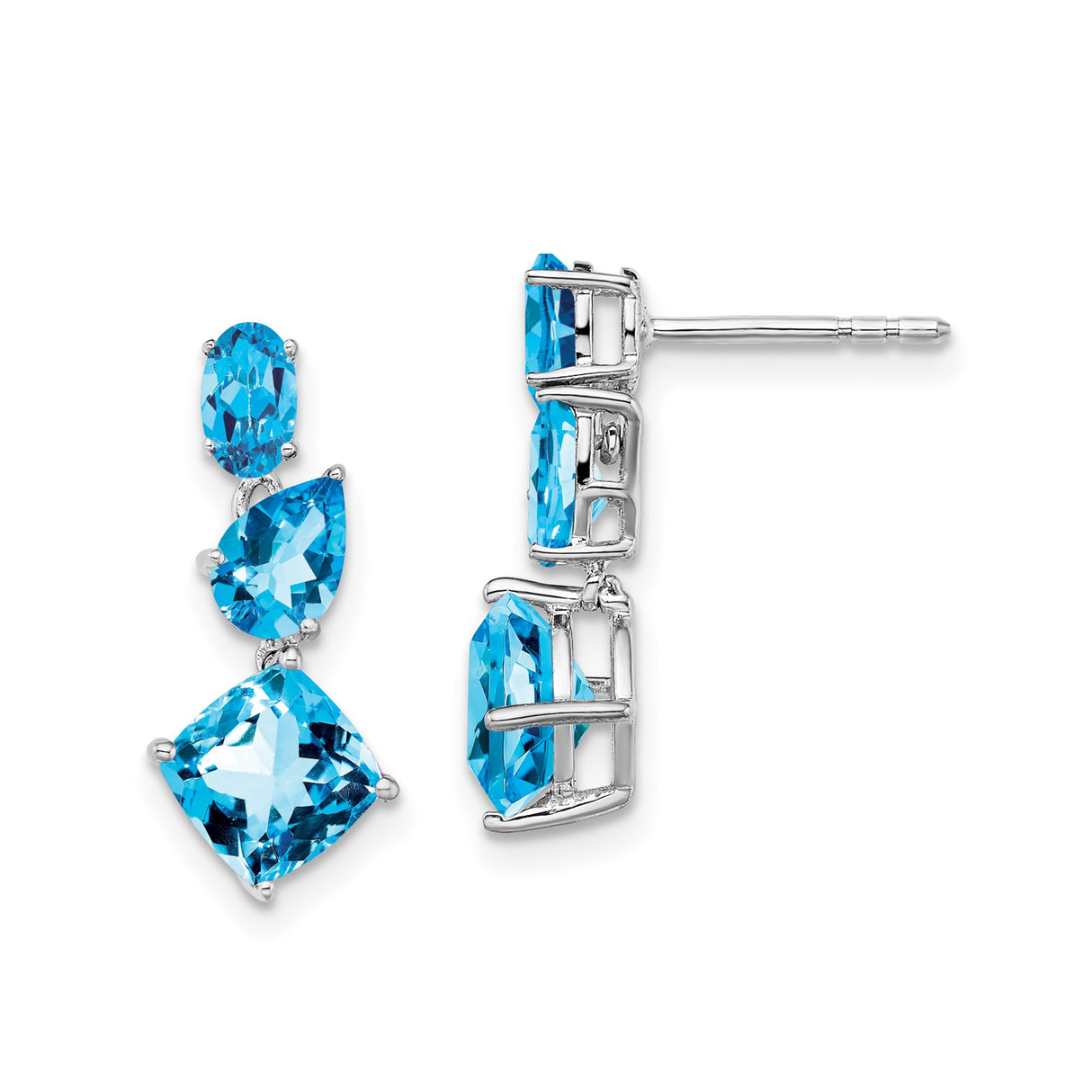 14k White Gold Dangle Earrings with Graduated Swiss Blue Topaz in Oval, Pear, and Cushion Cuts
