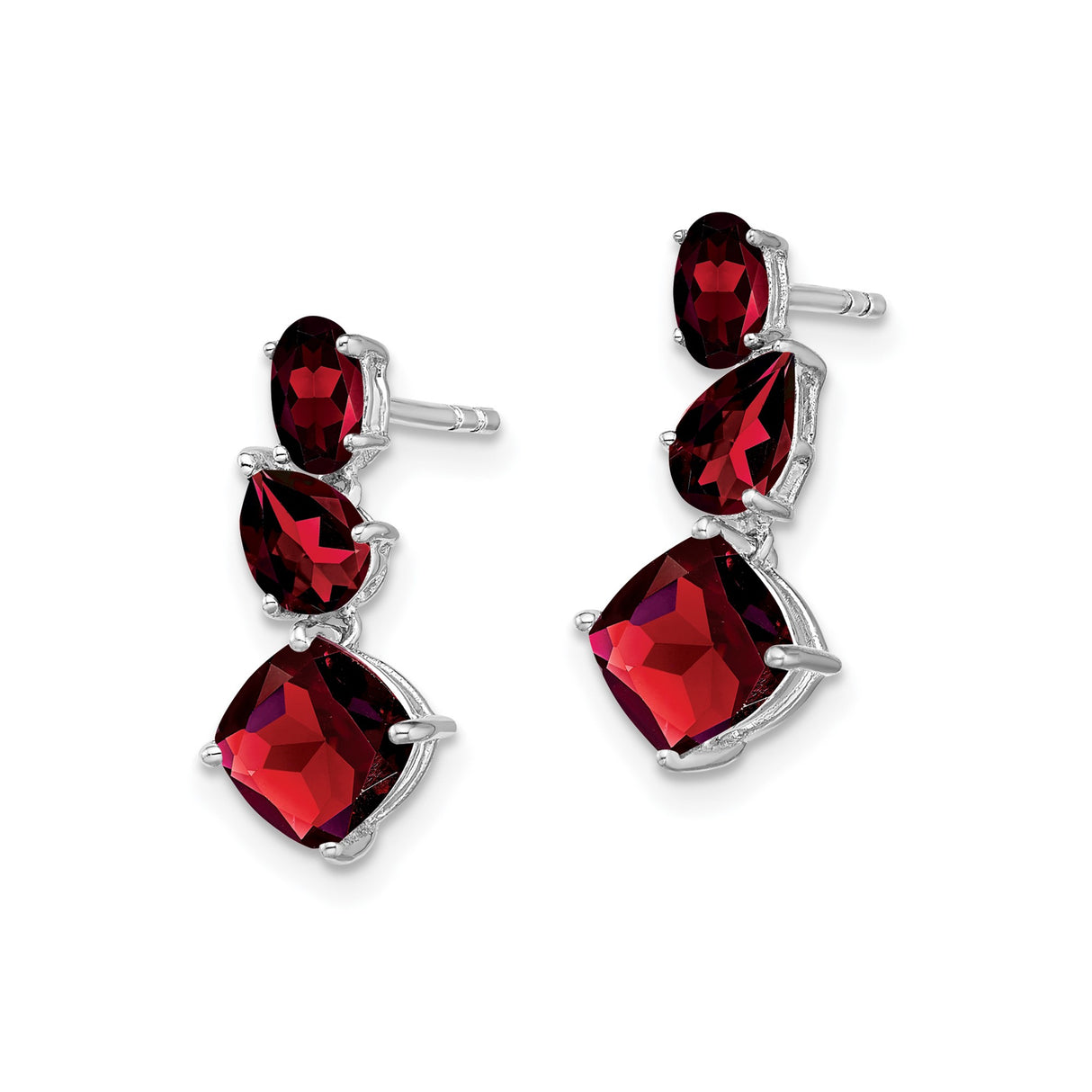 14k White Gold Dangle Earrings with Red Garnet in Oval, Pear, and Cushion Cuts