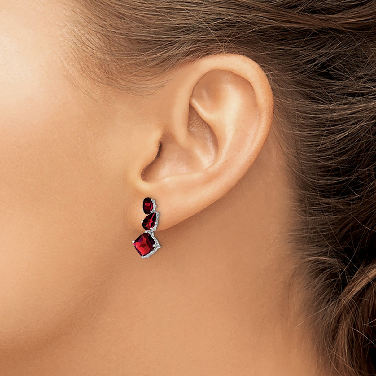 14k White Gold Dangle Earrings with Red Garnet in Oval, Pear, and Cushion Cuts