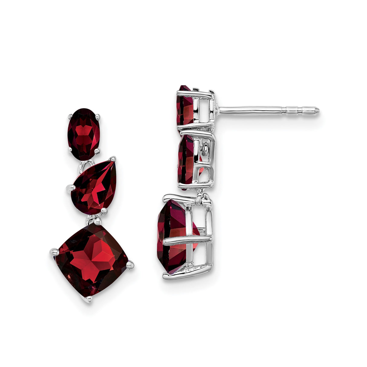 14k White Gold Dangle Earrings with Red Garnet in Oval, Pear, and Cushion Cuts
