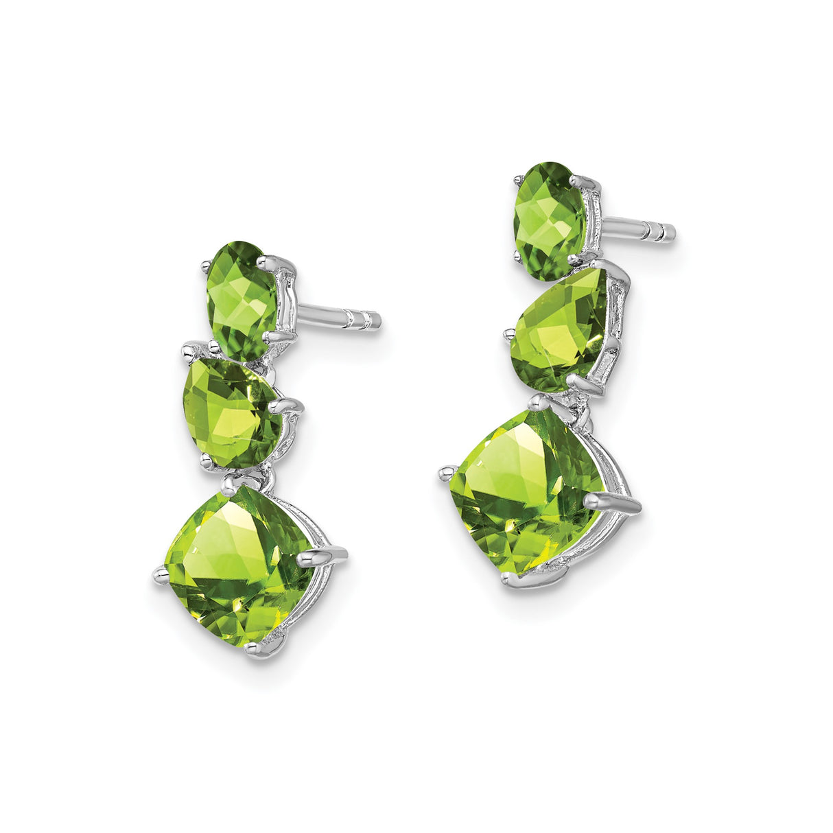 14k White Gold Dangle Earrings with Peridot in Oval, Pear, and Cushion Cuts, Contemporary Design