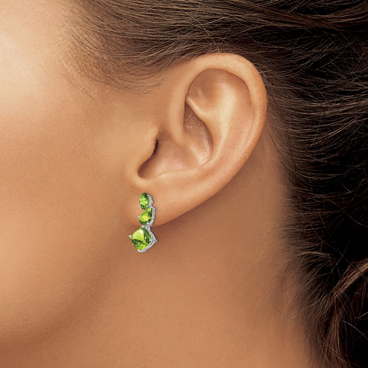 14k White Gold Dangle Earrings with Peridot in Oval, Pear, and Cushion Cuts, Contemporary Design