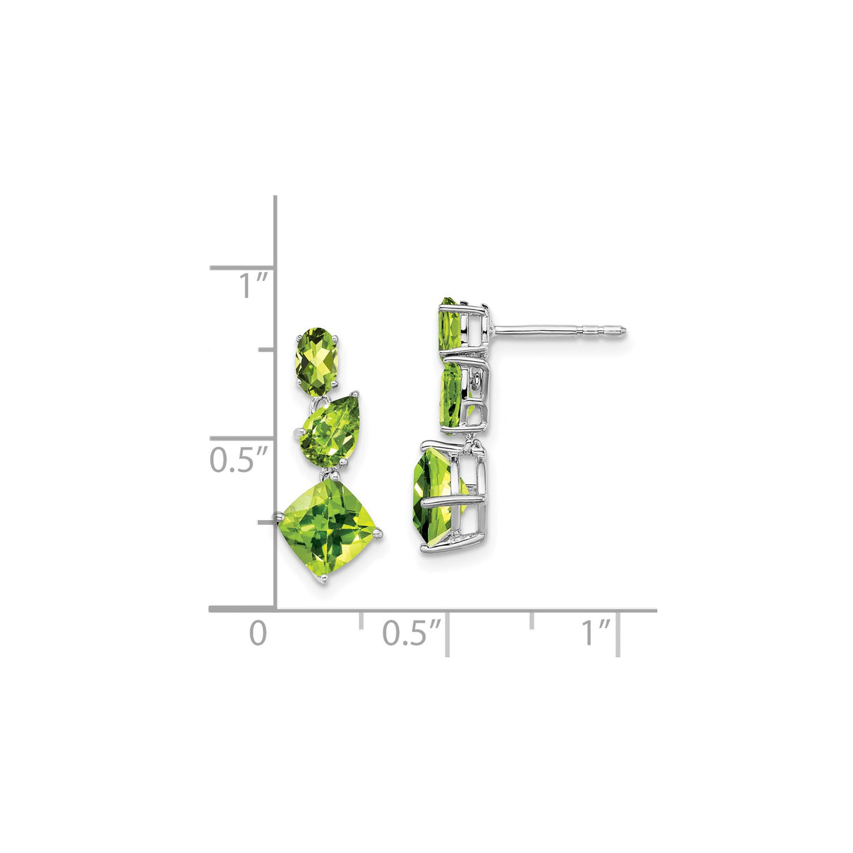 14k White Gold Dangle Earrings with Peridot in Oval, Pear, and Cushion Cuts, Contemporary Design