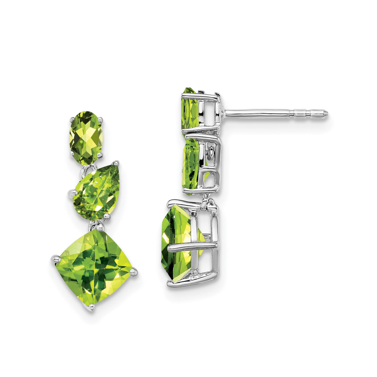 14k White Gold Dangle Earrings with Peridot in Oval, Pear, and Cushion Cuts, Contemporary Design