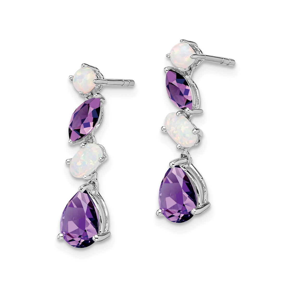 14k White Gold Dangle Earrings with Amethyst and Opal in Marquise, Oval, and Pear Cuts