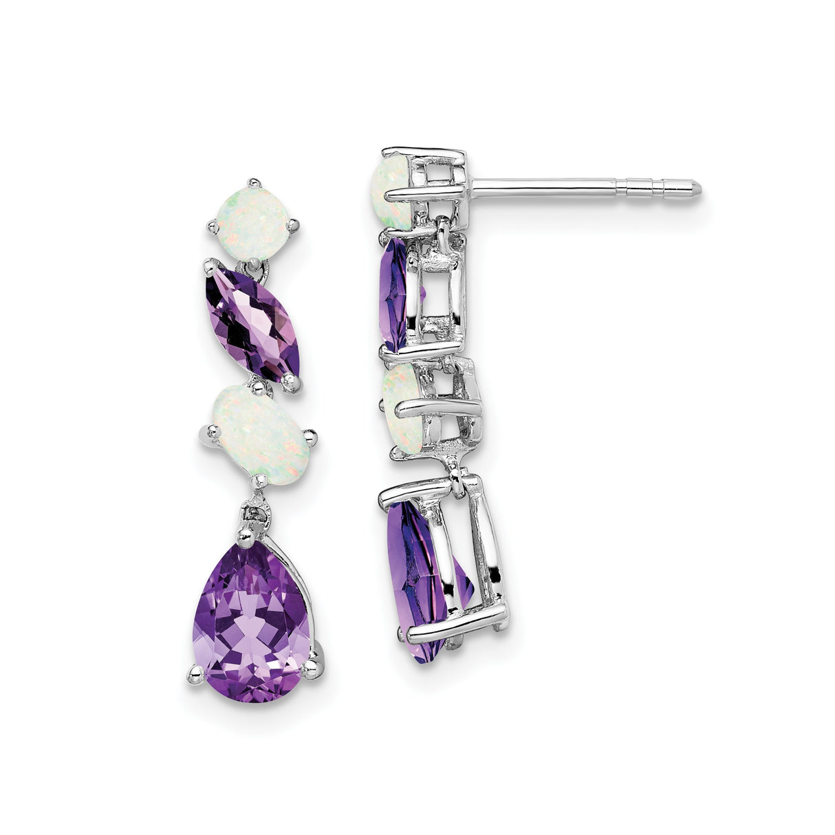 14k White Gold Dangle Earrings with Amethyst and Opal in Marquise, Oval, and Pear Cuts