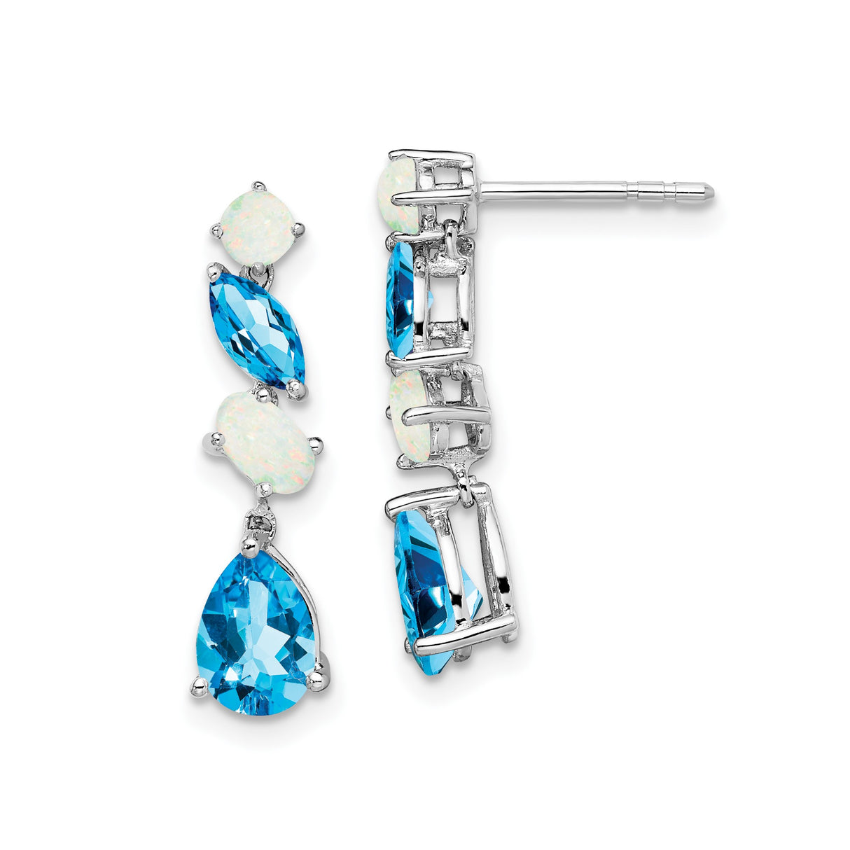 14k White Gold Dangle Earrings with Swiss Blue Topaz and Opal, Multi-Stone Drop Design