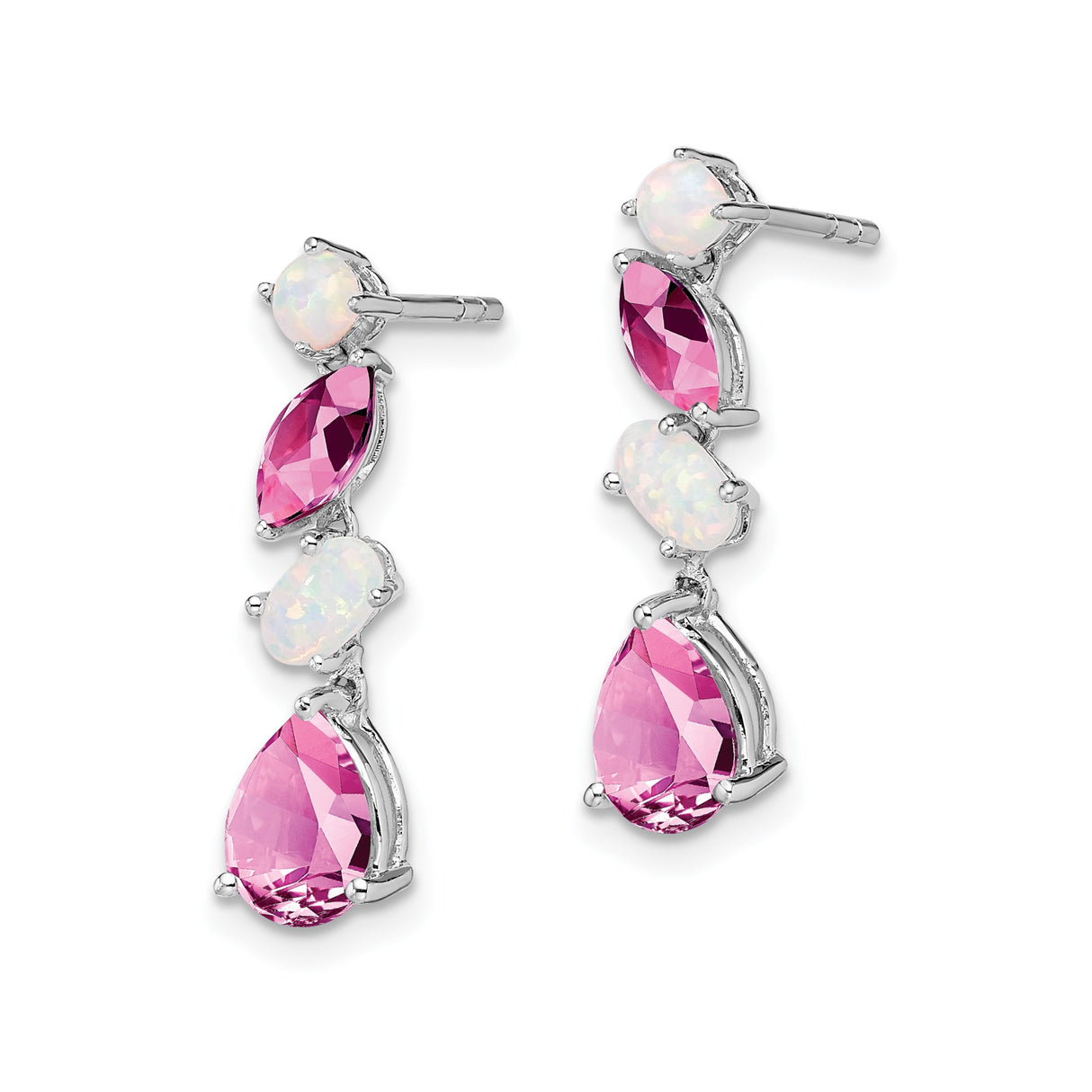 14k White Gold Drop Earrings with Pink Created Sapphire and Opal in Teardrop and Marquise Cuts