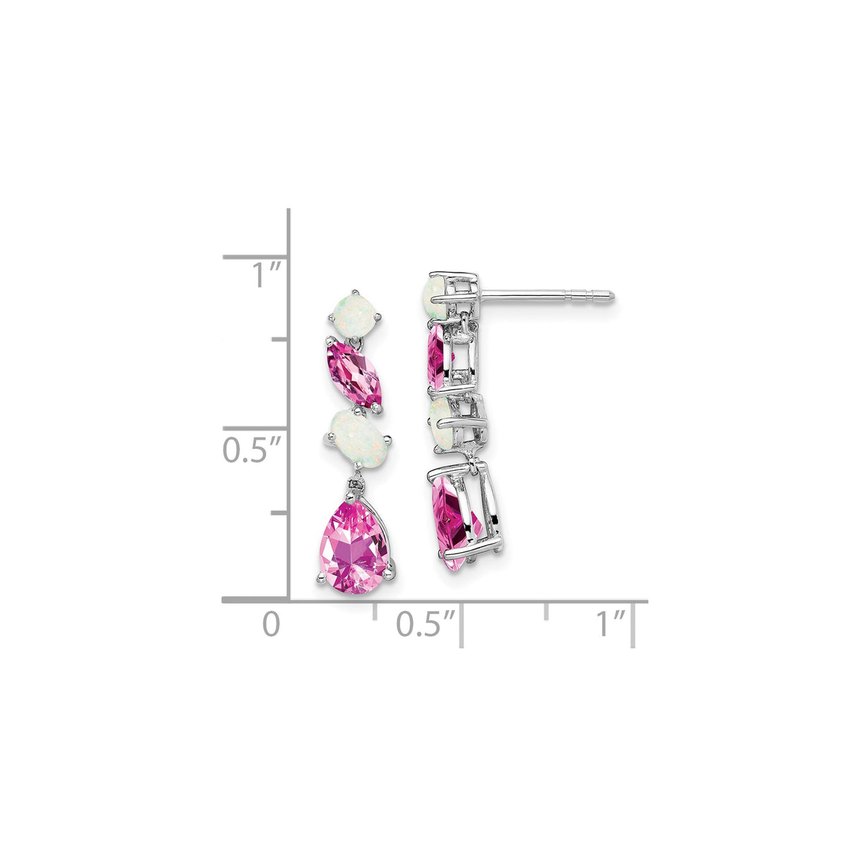 14k White Gold Drop Earrings with Pink Created Sapphire and Opal in Teardrop and Marquise Cuts