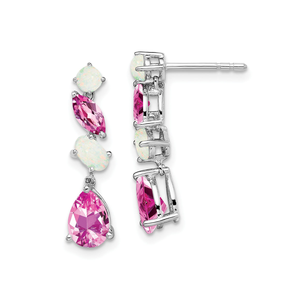 14k White Gold Drop Earrings with Pink Created Sapphire and Opal in Teardrop and Marquise Cuts