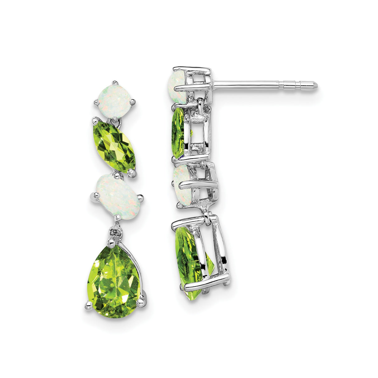 14k White Gold Drop Earrings with Peridot and Opal Gemstones, Elegant Evening Jewelry