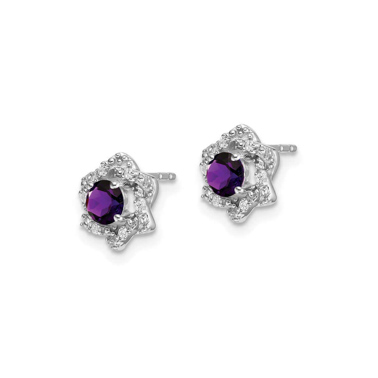 14k White Gold Floral Stud Earrings with Amethyst Center and Diamond Halo