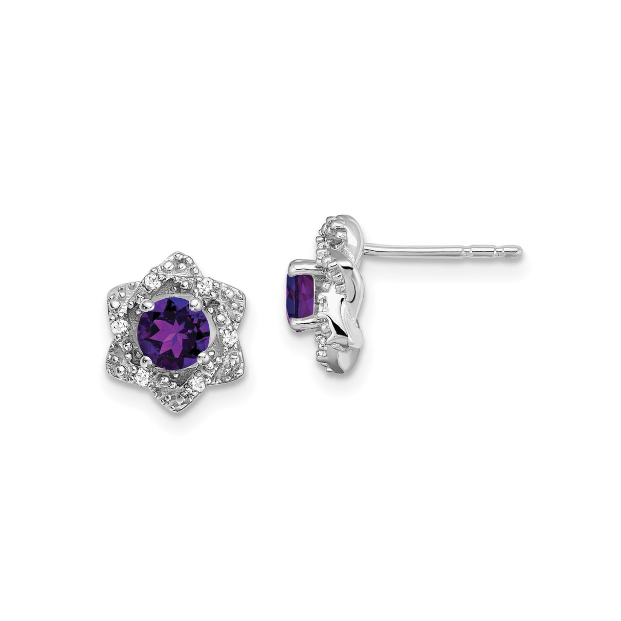 14k White Gold Floral Stud Earrings with Amethyst Center and Diamond Halo