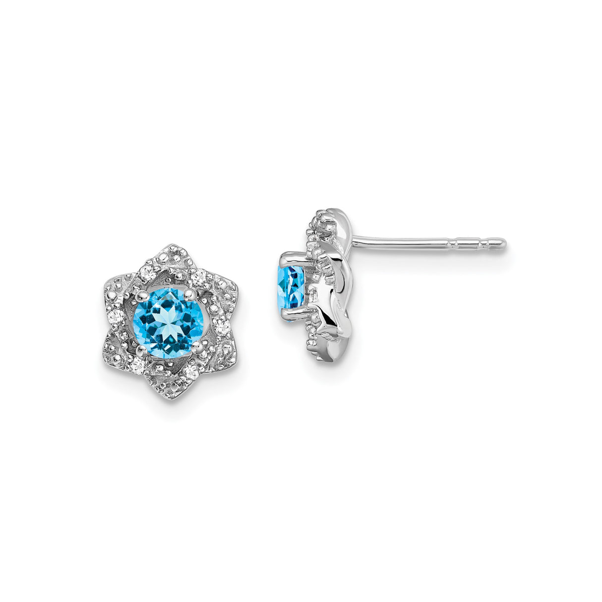 14k White Gold Floral Stud Earrings with Swiss Blue Topaz and Diamond Accents