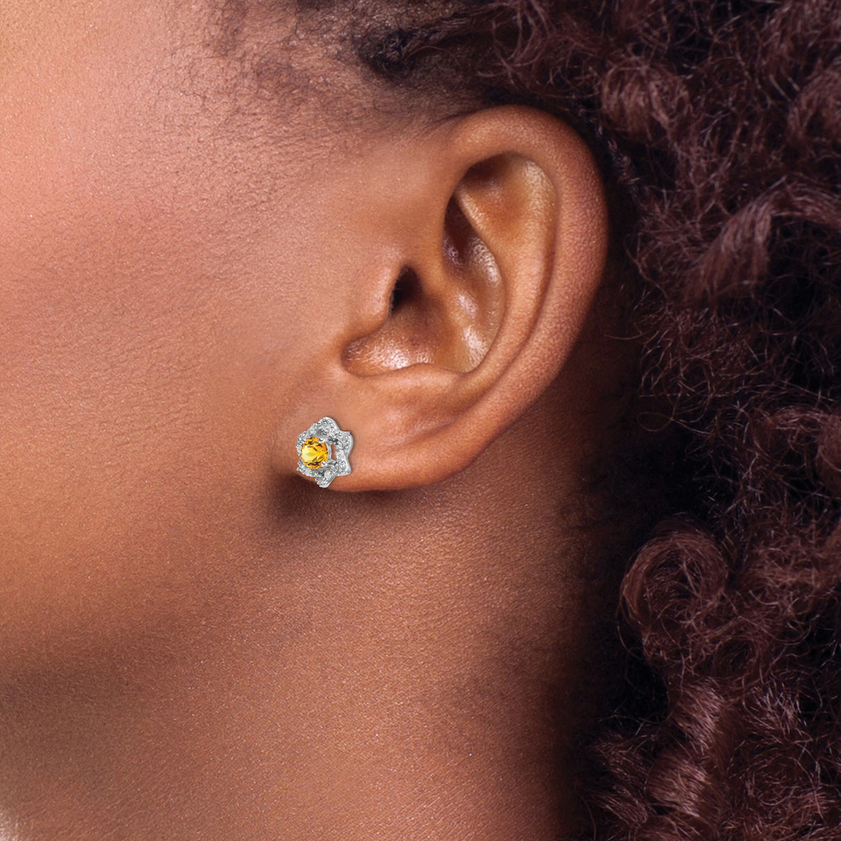 14k White Gold Floral Stud Earrings with Citrine Center and Diamond Accents