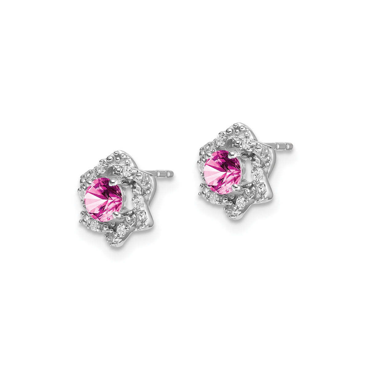 14k White Gold Stud Earrings with Lab Created Pink Sapphire and Diamond, Floral Design