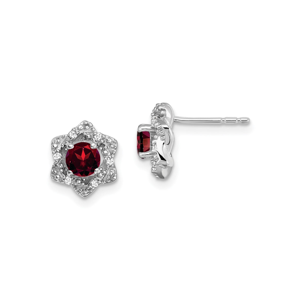 14k White Gold Stud Earrings with Garnet and Diamond Accents, Floral Design for Women