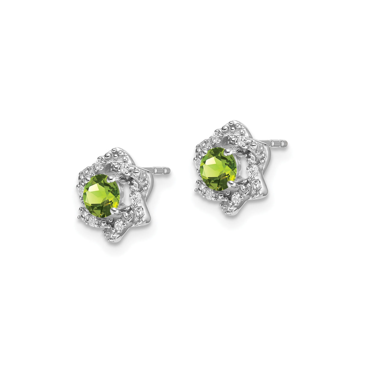 14k White Gold Stud Earrings with Peridot and Diamond, Flower Halo Design