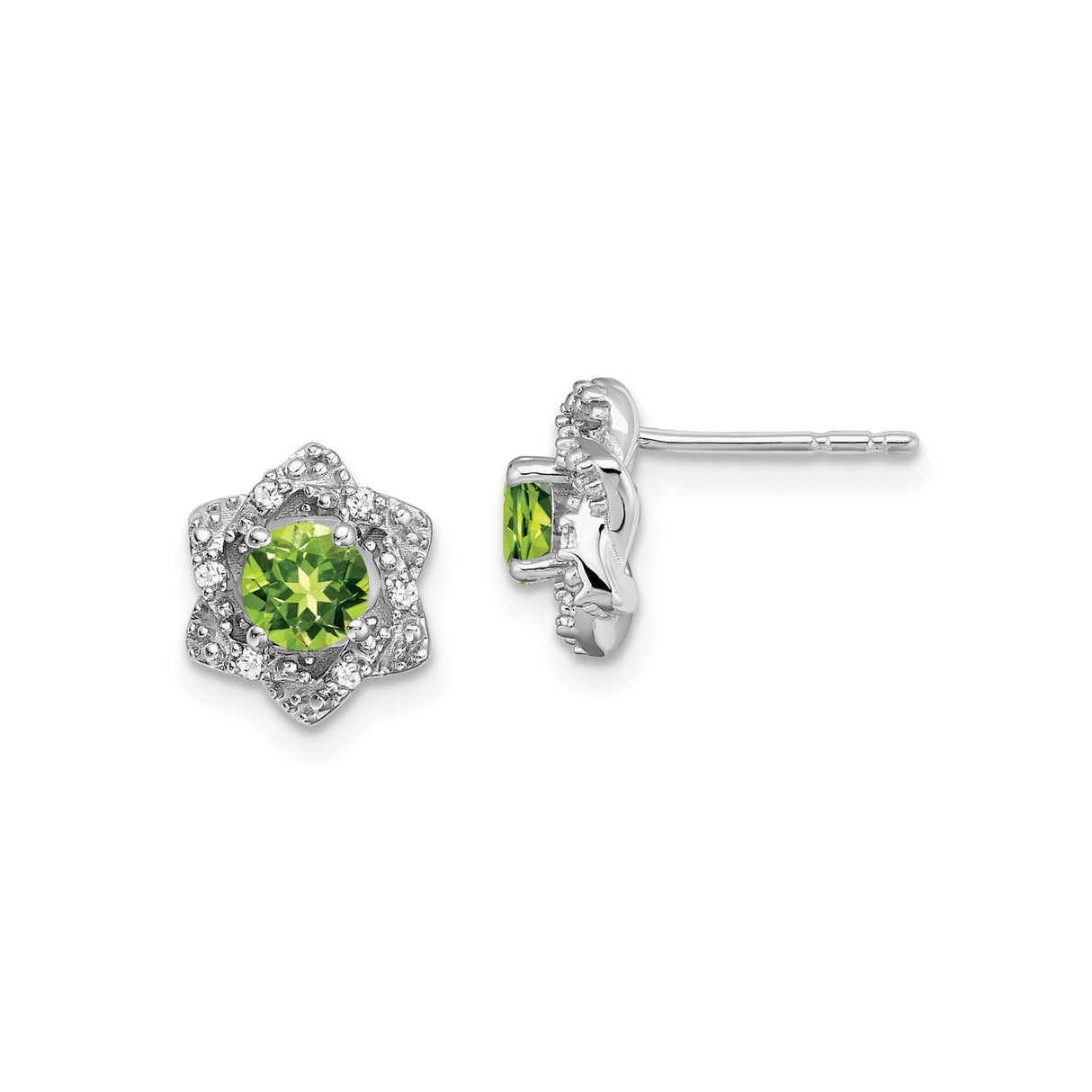 14k White Gold Stud Earrings with Peridot and Diamond, Flower Halo Design
