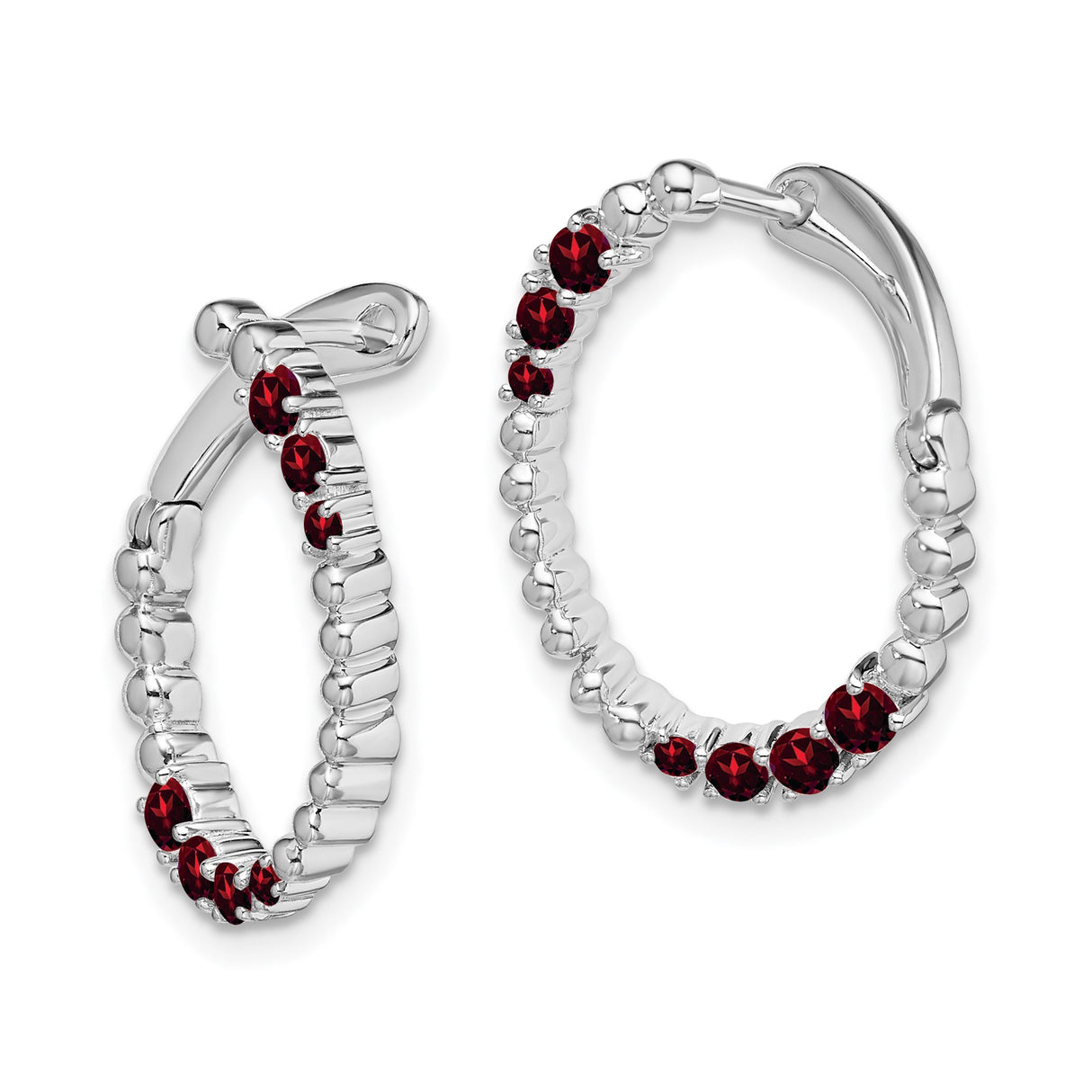 14k White Gold Hoop Earrings with Garnet, Polished Finish, Classic Oval Style