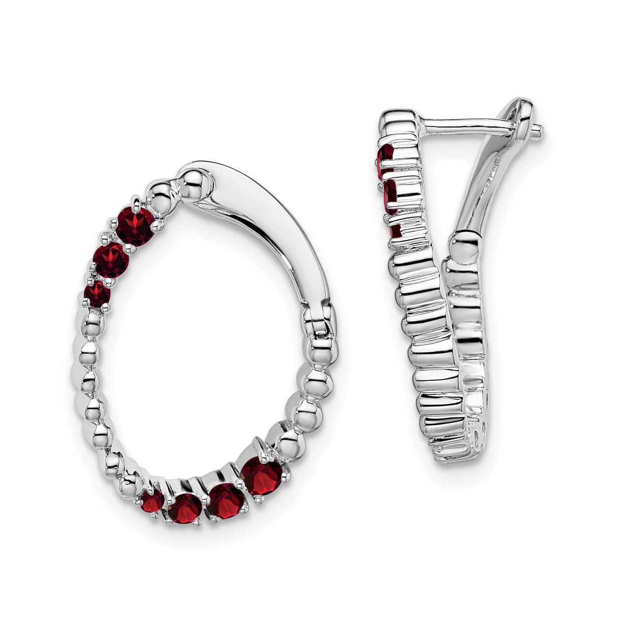 14k White Gold Hoop Earrings with Garnet, Polished Finish, Classic Oval Style
