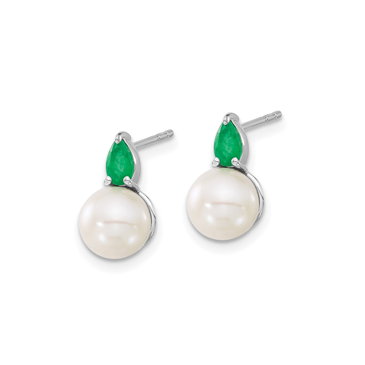 14k White Gold Stud Earrings with Emerald and Pearl, Teardrop Minimalist Design for Women
