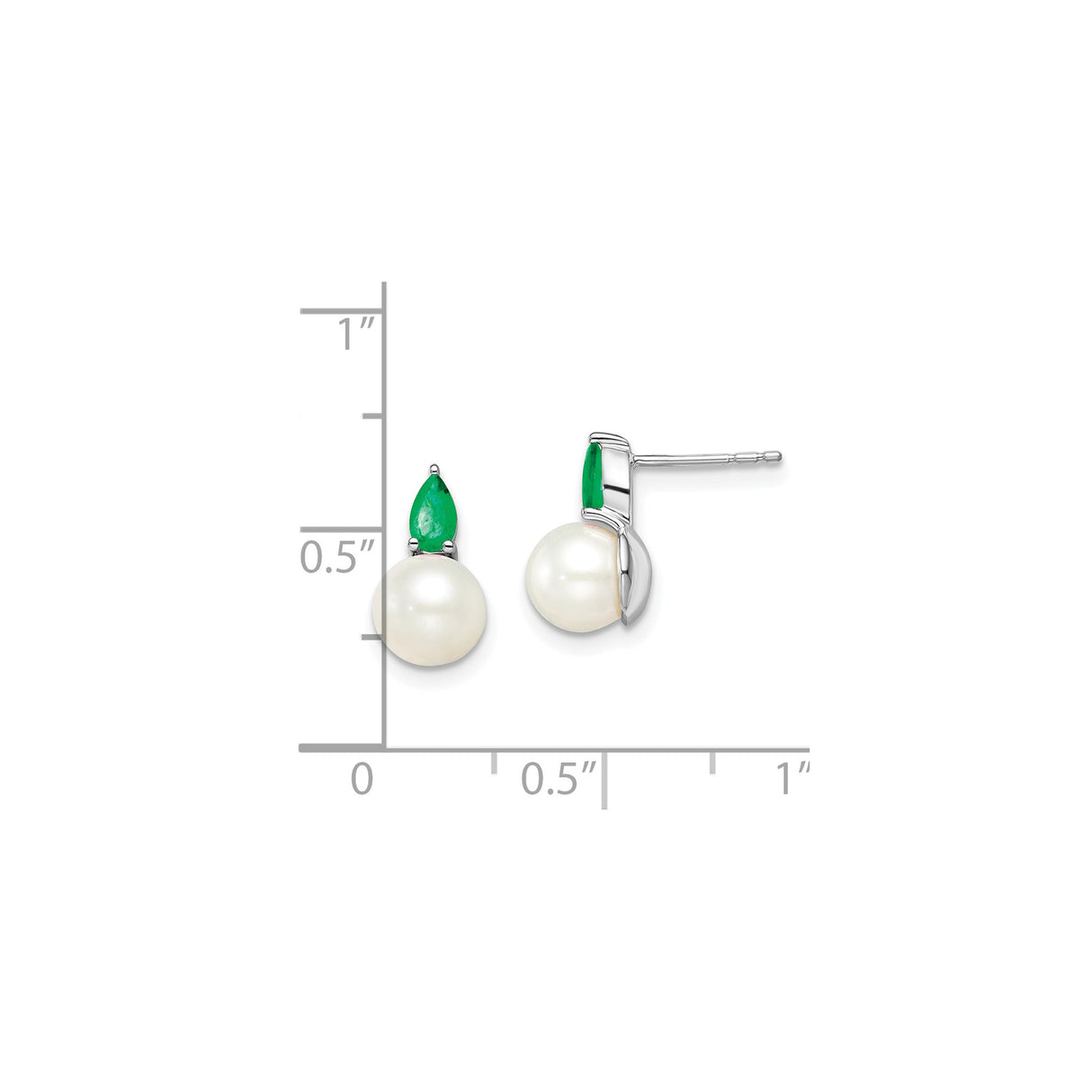 14k White Gold Stud Earrings with Emerald and Pearl, Teardrop Minimalist Design for Women