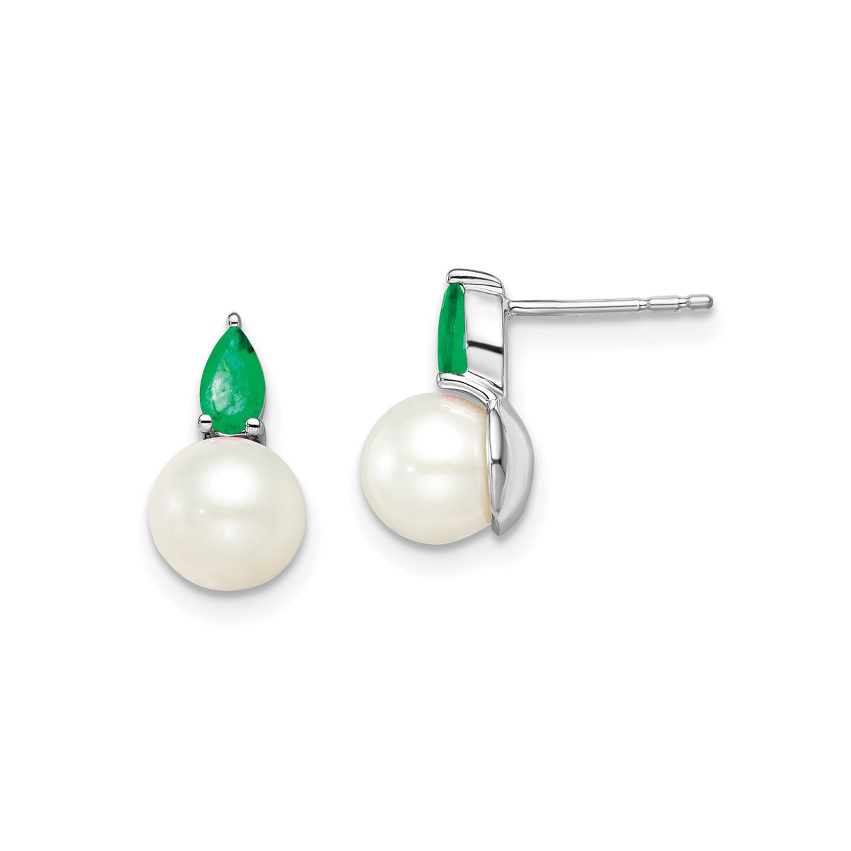14k White Gold Stud Earrings with Emerald and Pearl, Teardrop Minimalist Design for Women